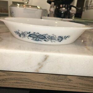 Vintage Glasbake Divided Oval Casserole Dish Blue Flower Bird Sun